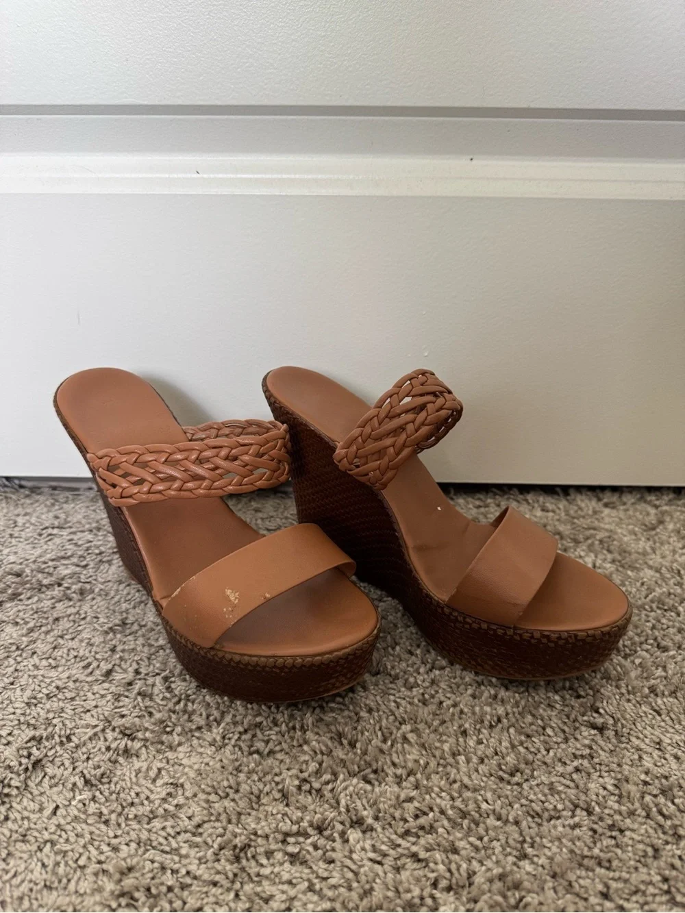 Women's Braided Strap Tan Wedge Sandals
